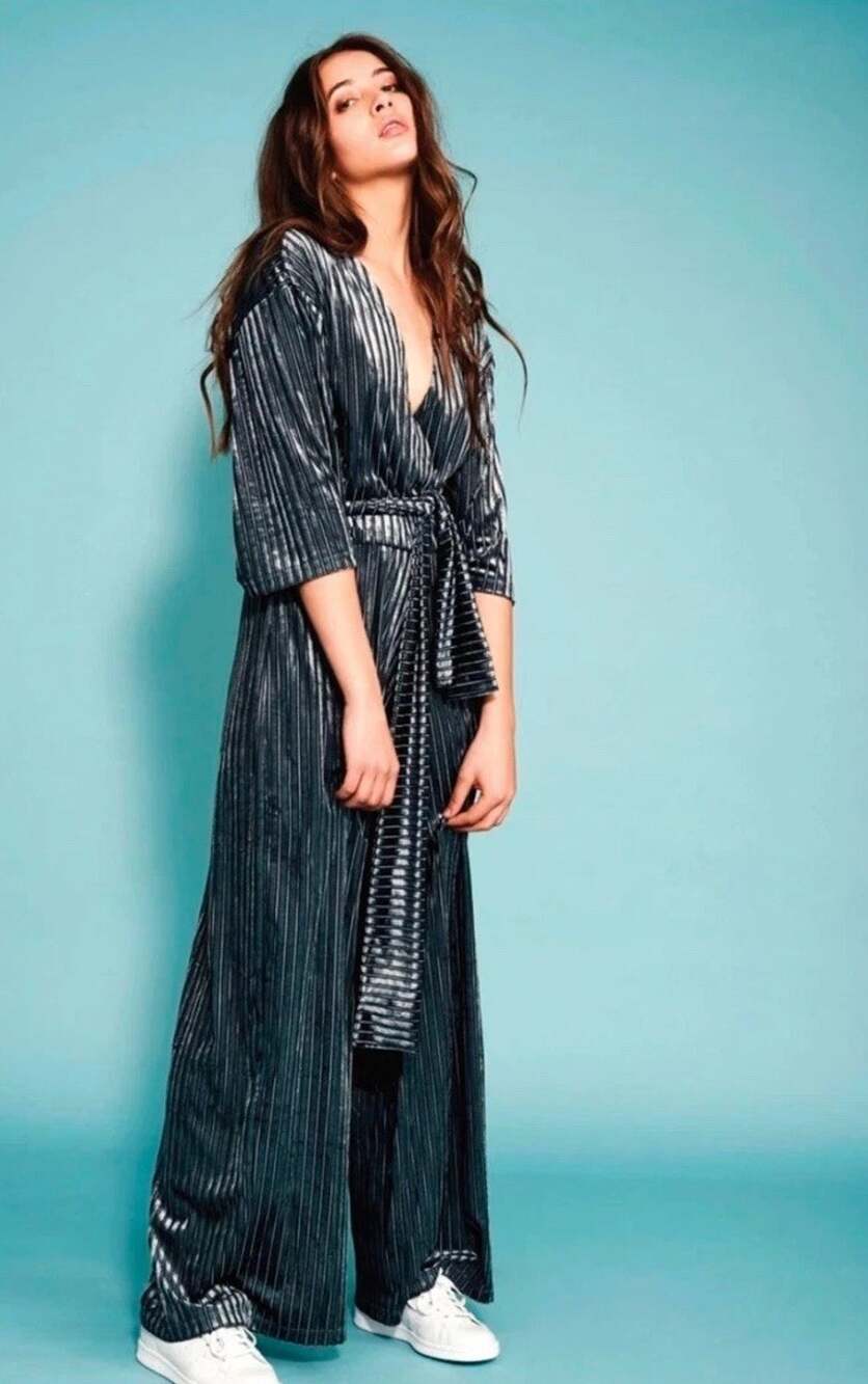 Zara Trafaluc Velvet Stripe Wide Leg Wrap Jumpsuit Belted Gray women’s L